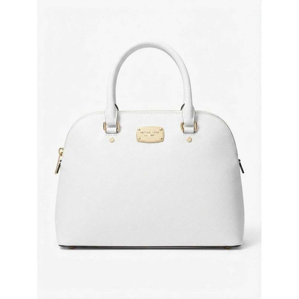 Michael Kors White Saffiano Leather Dome Satchel Bag Gold Hardware